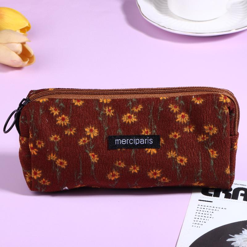Vintage Corduroy Federmäppchen Retro Blumenmuster Federtasche Große Kapazität Schreibwaren Tasche Für Schüler Büro Make-up Aufbewahrung