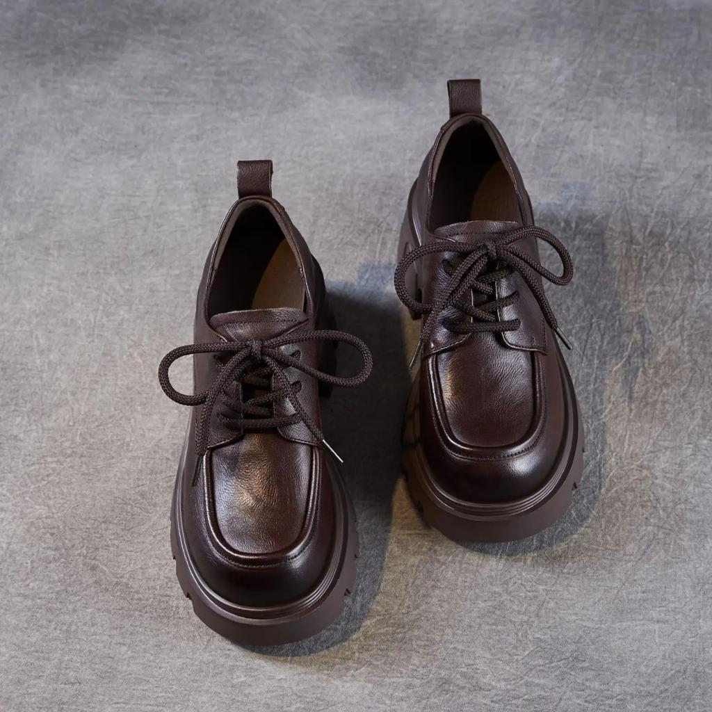 Johnature Genuine Leather Retro Women's Thick Heels Shoes British Style Thick Soled Lace Up Pumps