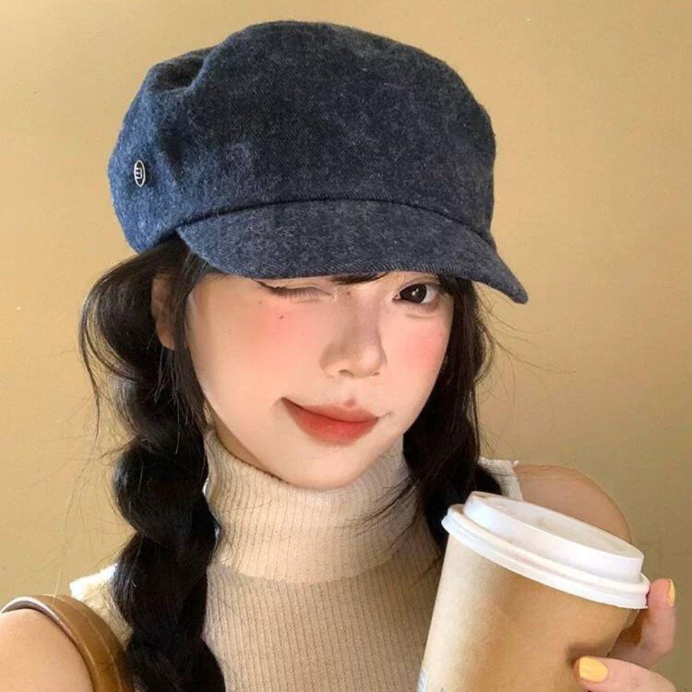 Flat Brim British Style Painter Cap Y2k Octagonal Hat Korean Demin Beret Streetwear