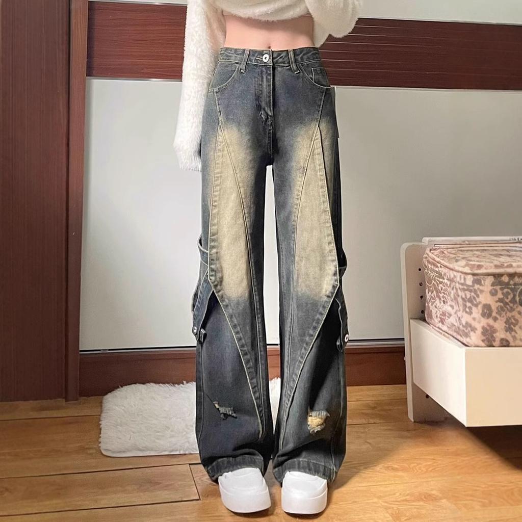 American High Street Retro Hiphop High Waist Jeans Women's Summer Loose Design Sense Niche Straight Wide Leg Pants Tide