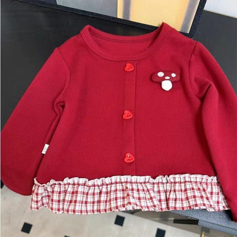 Girls Long Sleeve T-Shirt Winter Warm Cotton Blend Top With Lace Trim 3D Letter Print Red Base Layer