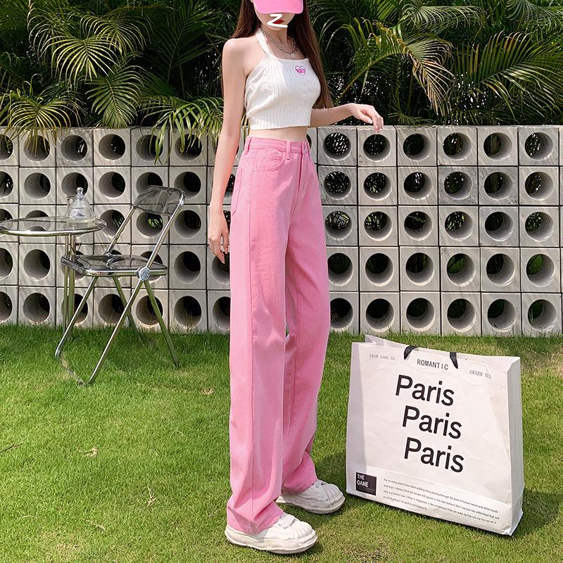 Women's Pink High-Waisted Wide-Leg Jeans: Summer Thin, Loose Fit, Plus Size, Slimming, Floor-Length Straight Pants