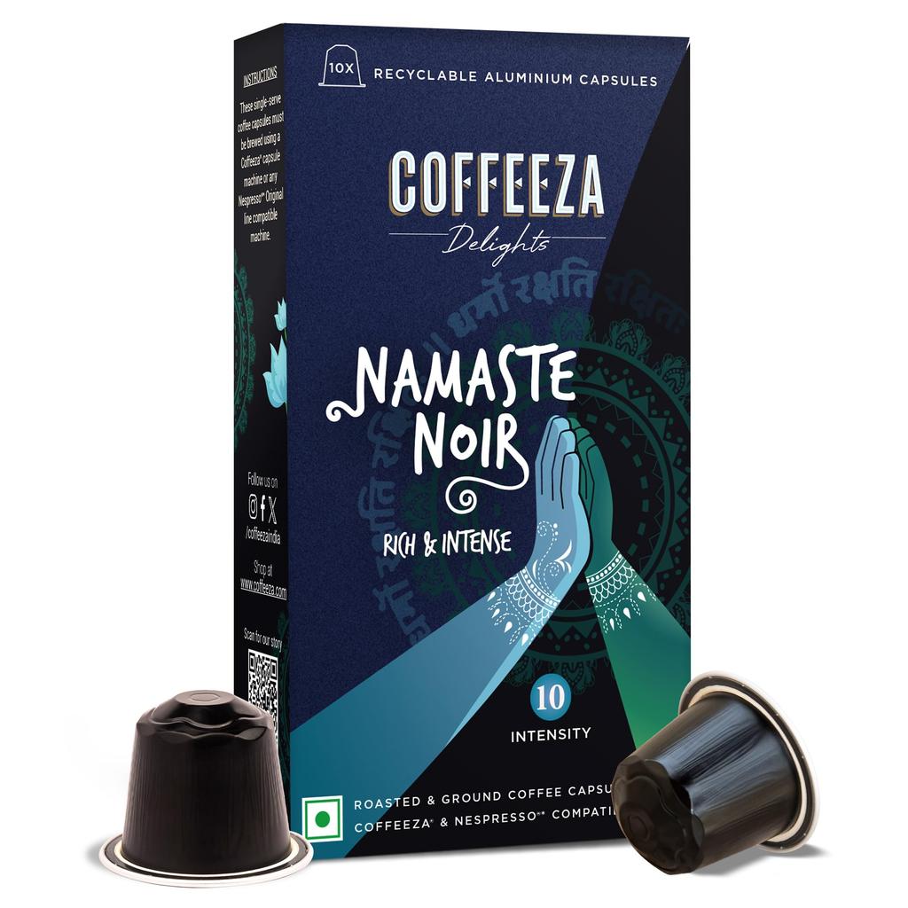 COFFEEZA Delights Namaste Noir Coffee Capsules (Budget-Friendly) Nespresso Compatible Coffee Capsules|10 Coffee Pods, 90 Gram