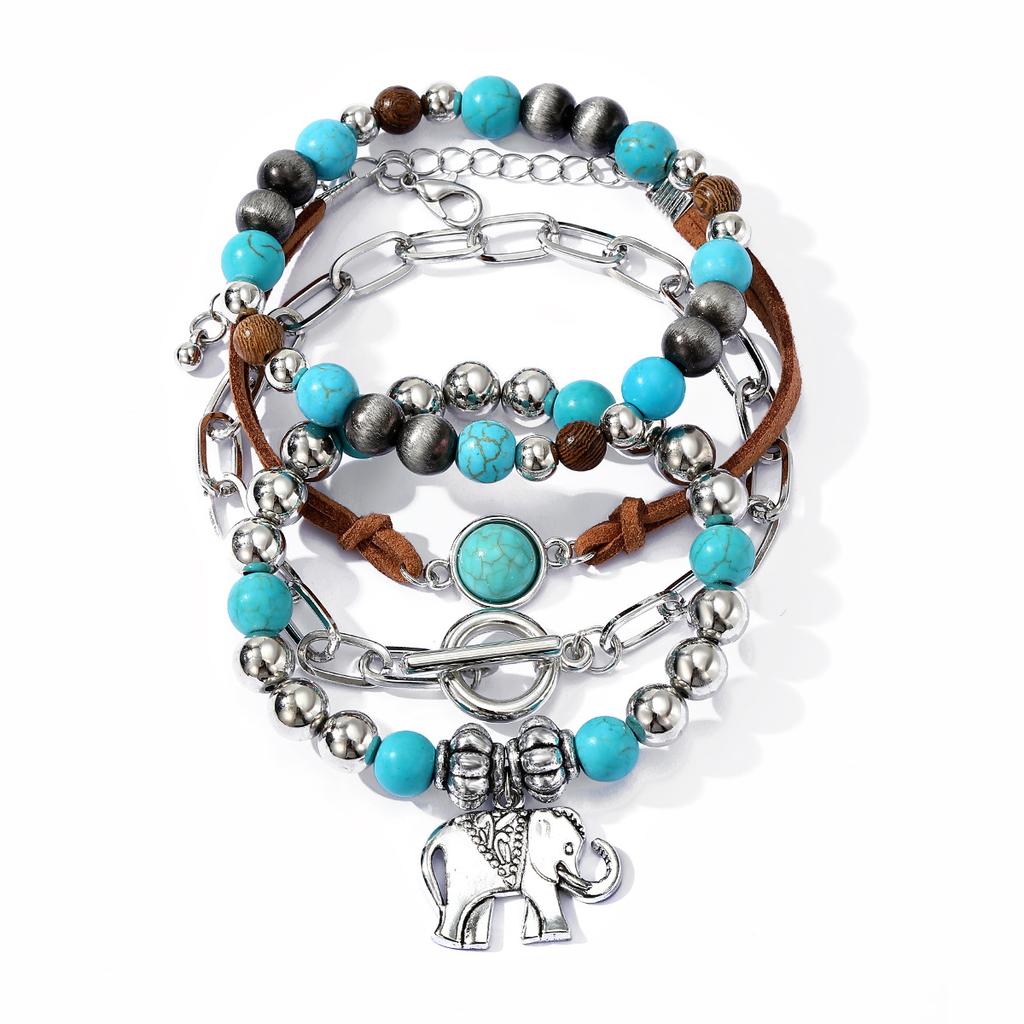 New Bohemian Style Turquoise Wood Bead Alloy Elastic Cord Unisex Beaded Bracelet Set
