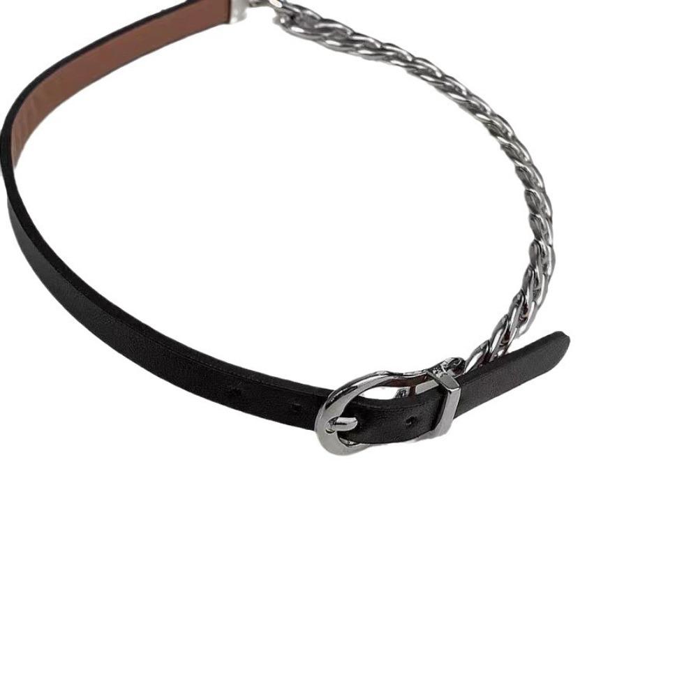 Punk Personality Sliver Color Stainless Steel Metal Chain Splicing Black Belt Buckle Choker Necklace for Women Fashion Jewelry