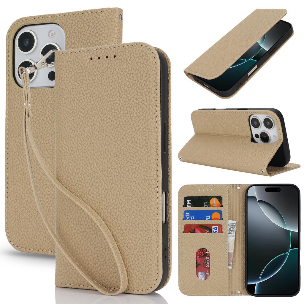 Applicable to iPhone16 mobile phone leather case 17Pro lychee pattern flip magnetic card holder portable rope 14plus