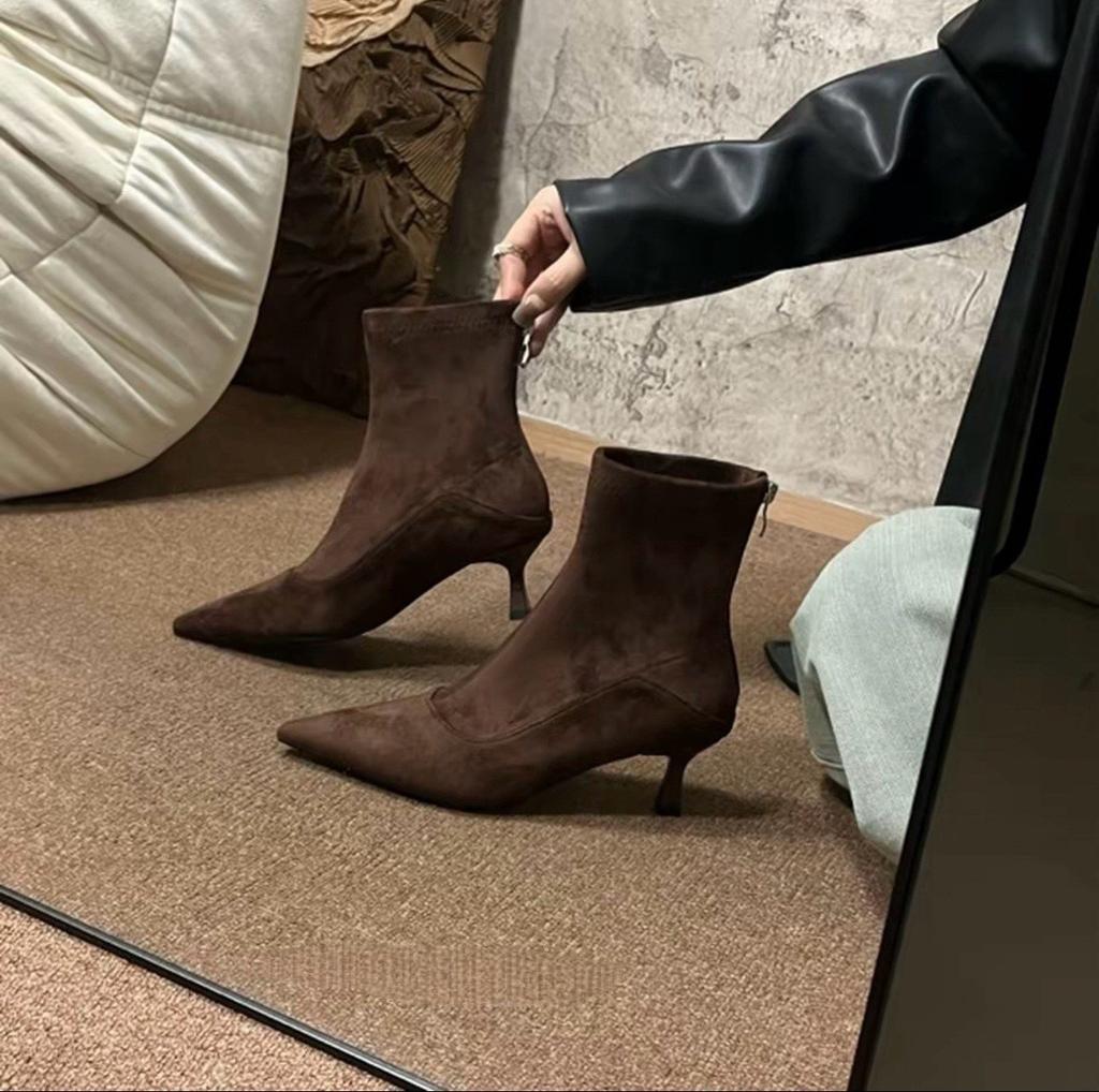 French Temperament Pointed High-heeled Short Boots Women's Thin Boots Autumn and Winter Suede Thin-heeled Back Zipper Fashion Boots