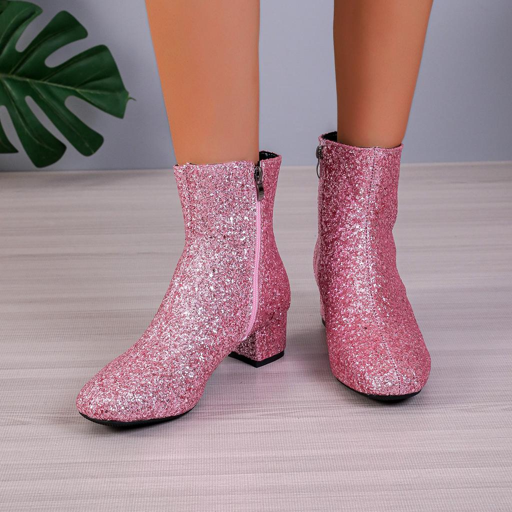 Botas Martin de tacón grueso con lentejuelas, suela blanda, cremallera lateral, talla grande, para primavera