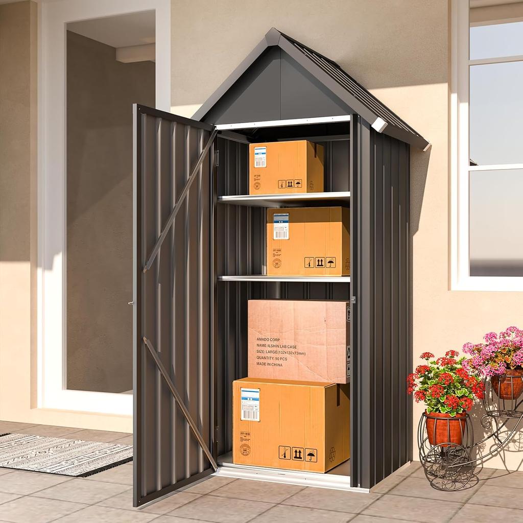 YODOLLA Garden Shed with Base and Lockable Lock, Galvanised Steel, 86 x 55 x 178 cm, Dark Gray