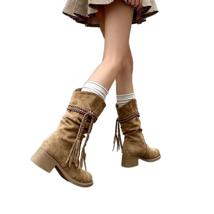 7CM Inner Heightening Thick-soled Medium Boots Children's 2025 New Thick Heel Retro Fringed Strap Stacking Boots Western Boots