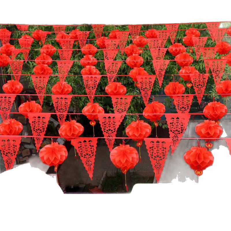 Outdoor-Hochzeit Doppeltes Glück Laternenflagge – Hofdekoration mit ausgestanztem Zugblumen-Design