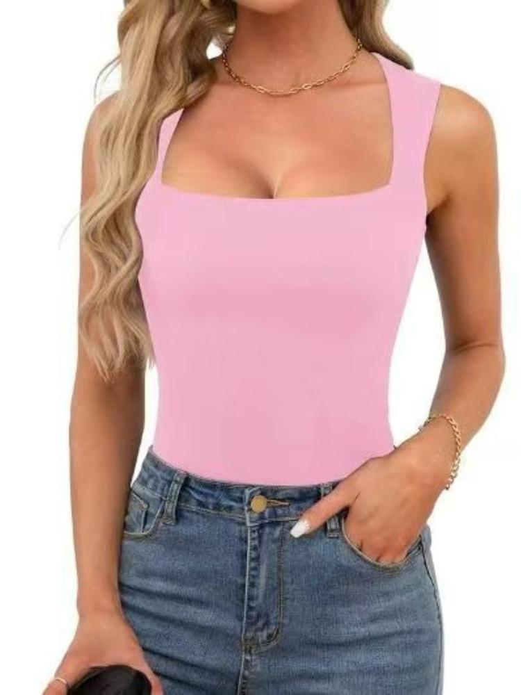 Nuevo Verano Amazon Nuevo Chaleco de Doble Capa sin Mangas Cuadrado para Mujer Camiseta Básica Ajustada Negra