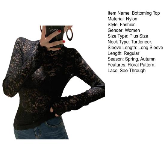 Turtleneck Long Sleeves Perspective Thin Bottoming Top Women Embroidery Floral Crochet Lace Hollow Top