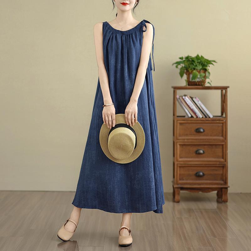 

DIMANAF 2025 Женское летнее льняное платье больших размеров без рукавов, повседневное базовое новое платье, свободное длинное платье One Size темно-синий