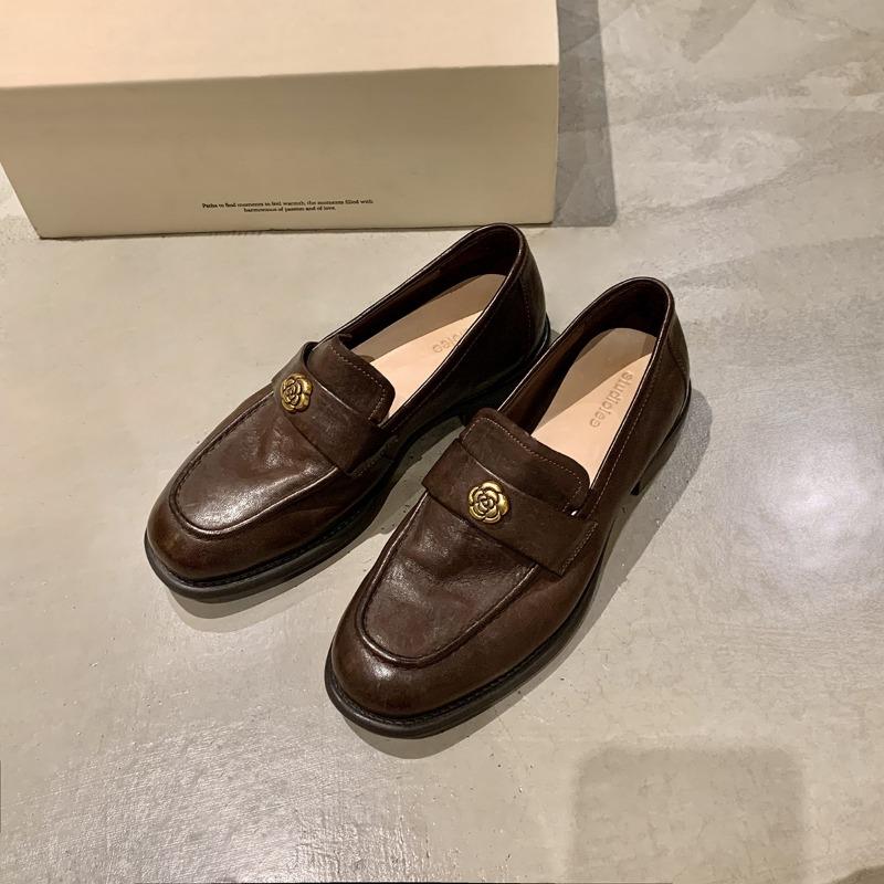 Cowhide~ Camellia platform women's genuine leather retro gold buckle versatile thick heel small leather shoes