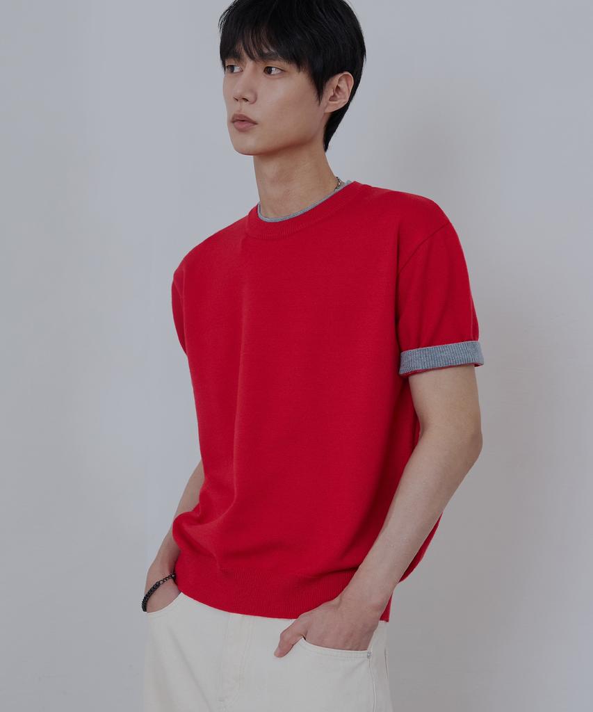 NODU Layered Color Block Round Cropped Half Knit [Red]