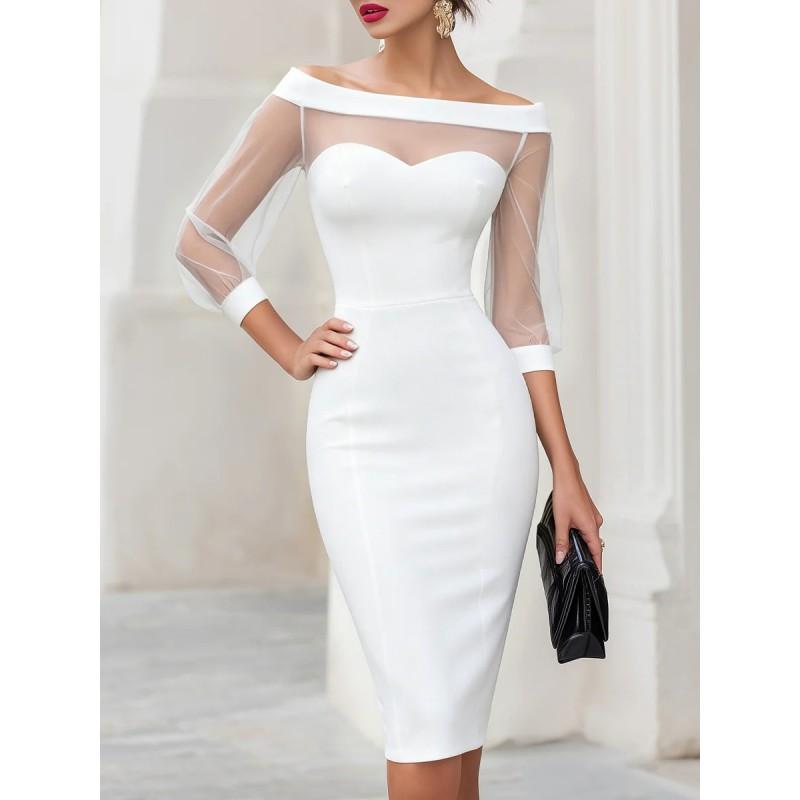 Elegant Sheer Mesh Off-Shoulder Bodycon Midi Dress Office Work Casual Party 2026