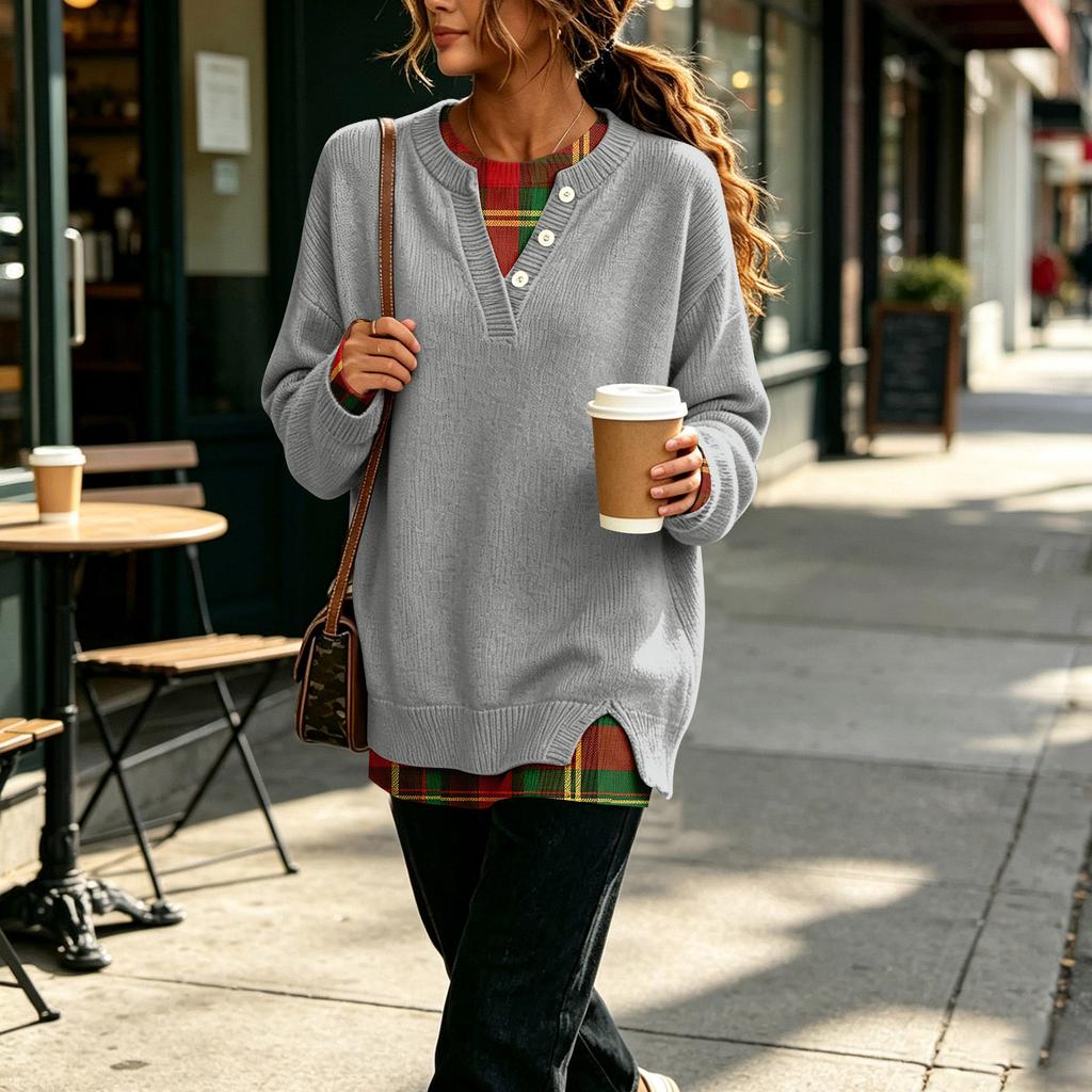 Women's V-Neck Knit-Look Top, Loose Plaid Look Blouse for Casual Wear