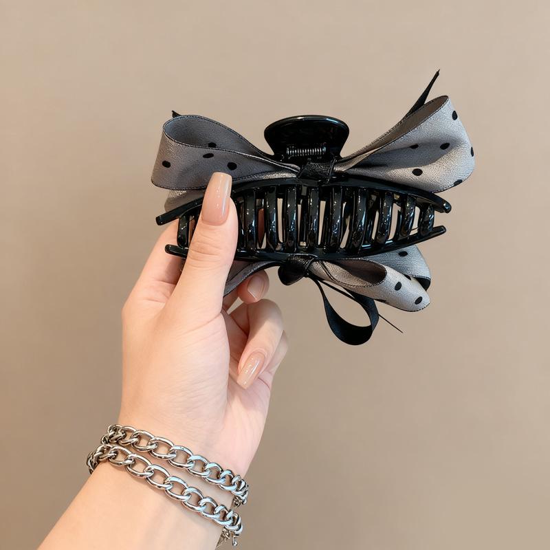 Korean Polka Dot Grey Bow Claw Clip: Stylish High-End Hair Accessory for Ponytails & Buns