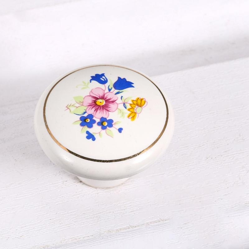 8Pcs Ceramics Single Hole Round Knob European Orchids Furniture Drawer Knob For Cabinet Drawer Closet Dresser