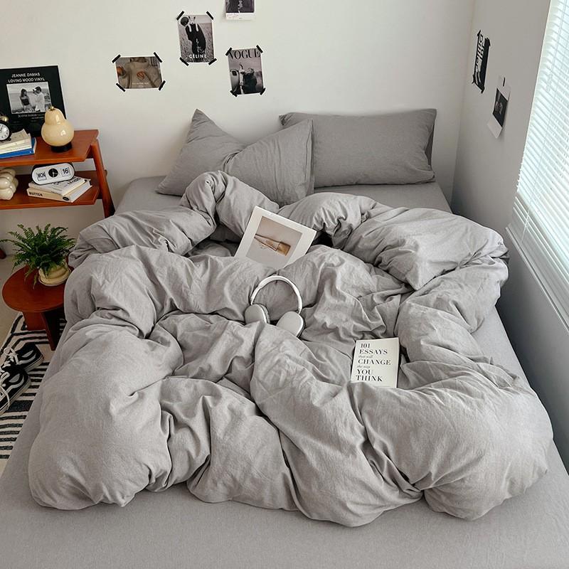 Washed Cotton Bedding Set Solid Color Brushed Bed Sheets Dorm Home
