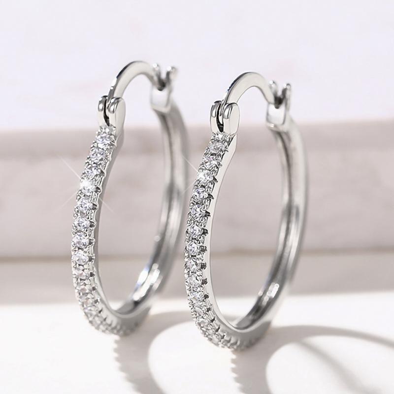 Popular Big Earring with Rhinestone 28mm Crystal Circle Hoop Earrings Simple Big Circle Silver Color Hoop Earrings for Women