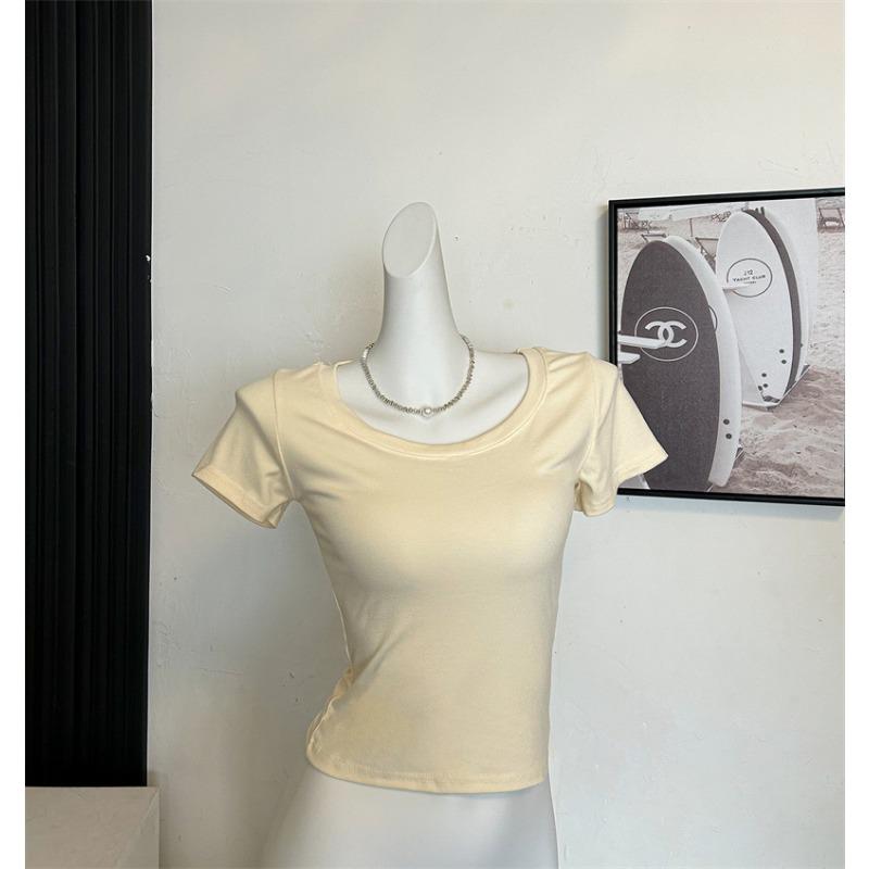 Solid Color Short-sleeved T-shirt for Women In Summer New Low Round Neck Slim Shoulder Slim Collarbone 260g Top New Style
