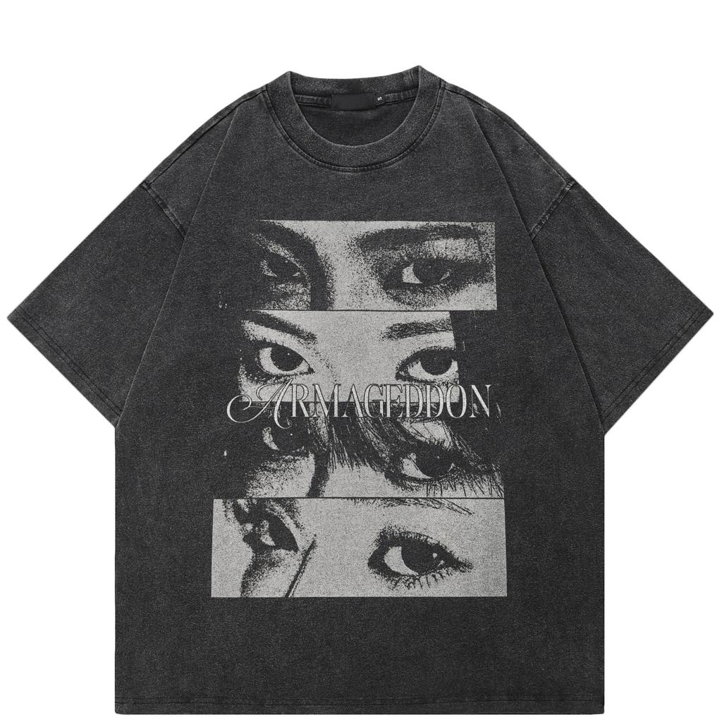 Streetwear Ögon Grafisk T-shirt Bomull Tvättad Svart T-shirt Unisex Toppar Tees Sommar Kortärmad T-shirt