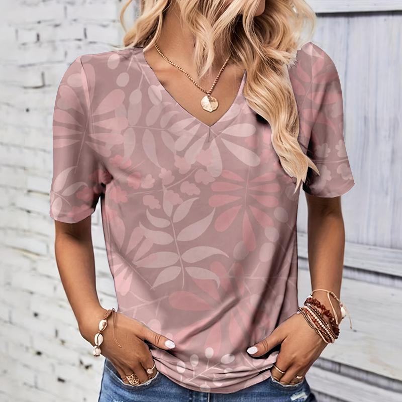 Fashionable summer leaf 3D printed women's V-neck short sleeved shirt