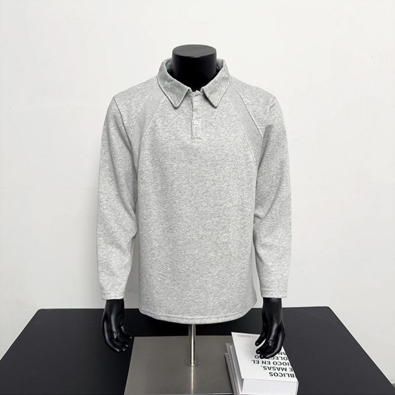 

2026 Autumn New Men s American Casual POLO Shirt Lapel Solid Color Versatile Loose Long-sleeved Button Pullover M серый
