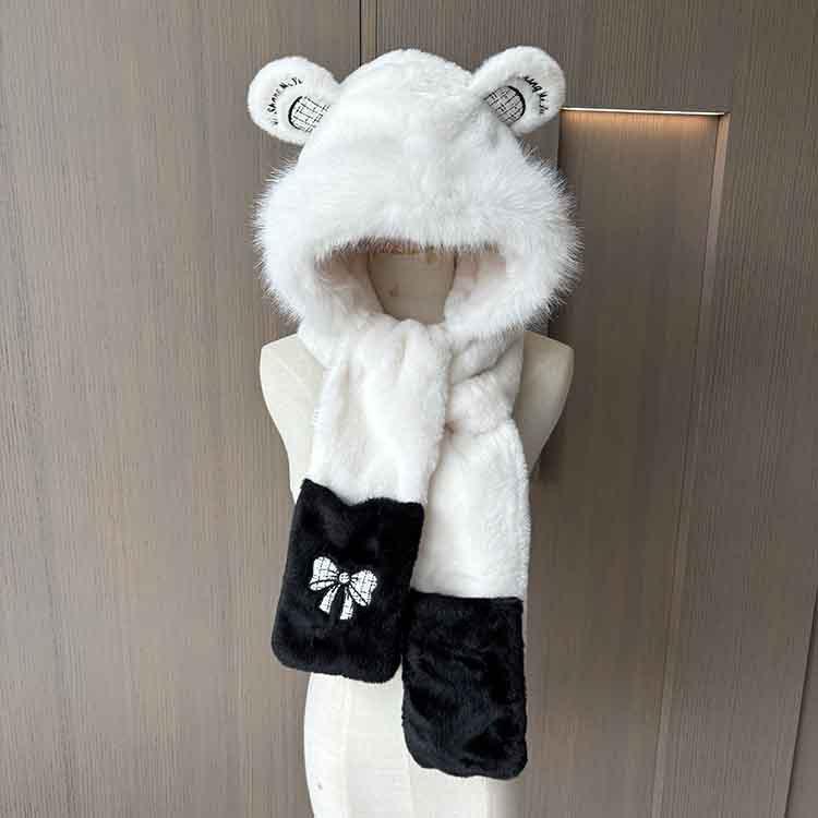 Cute Embroidered Bear Ears Hat Scarf Integrated Women's Winter Plush Thickened Cycling Warm Scarf Ear Protection Hat