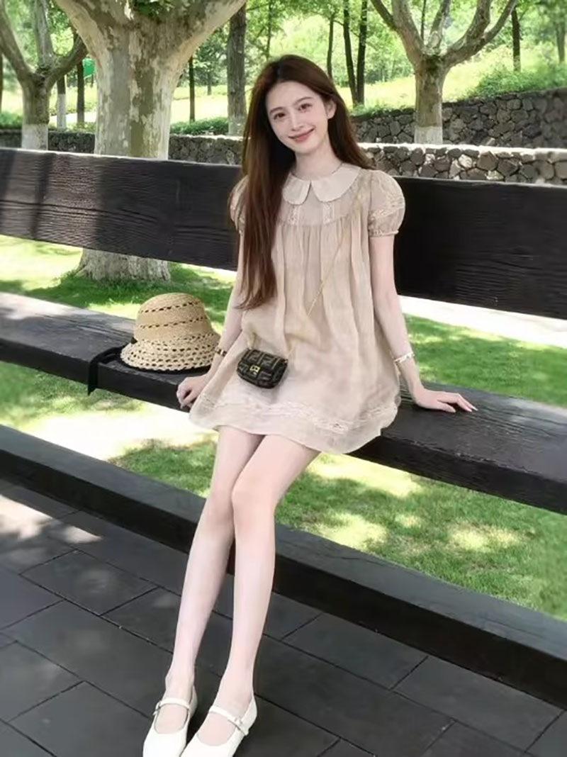 

Spring and summer new small design sense niche French temperament bubble sleeves doll collar dress women look thin S
