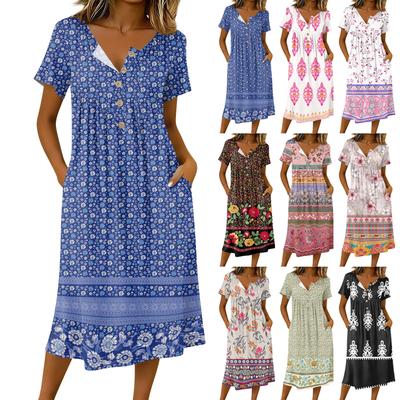 Women's Fashionable Retro Printed Round Neck Short Sleeved Button Neck Mid Length Casual Dress