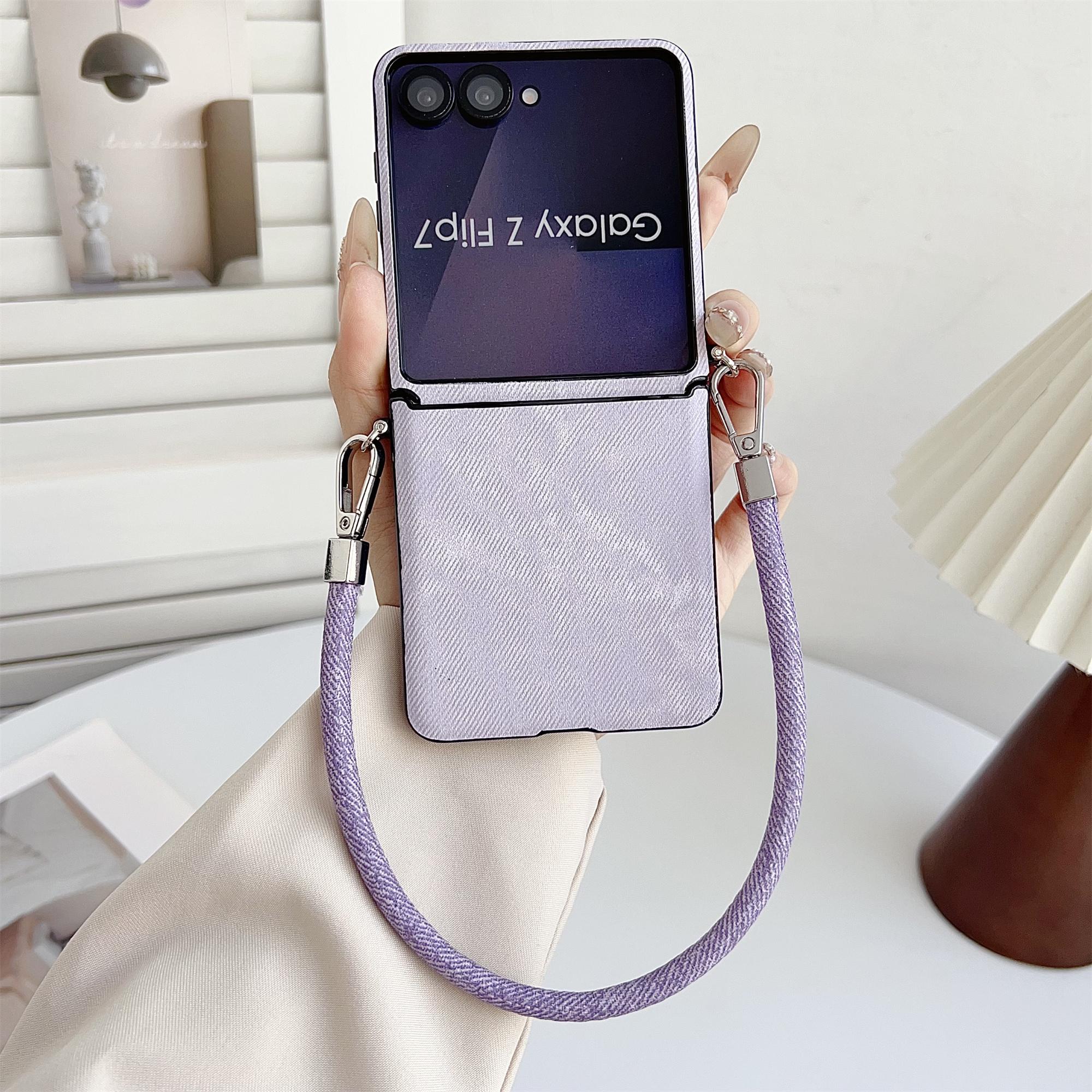 

For Samsung Galaxy Z Flip7 5G Case Jeans Cloth Texture PC + Cloth Phone Cover with Wrist Strap
