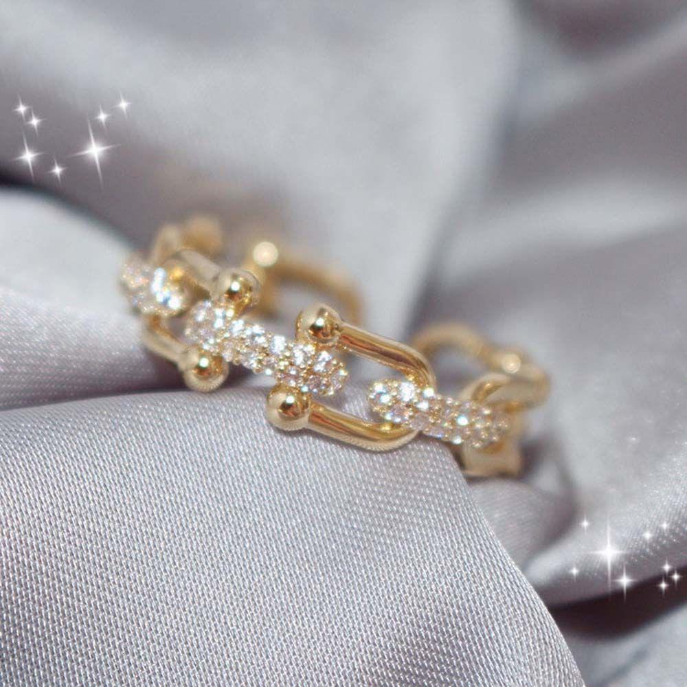 Geometric Twist U Shaped Buckle Rhinestone Women Rings Zircon Finger Rings Korean Style Open Rings