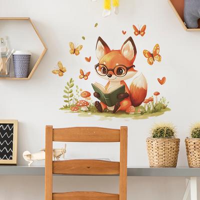 Seriously Reading A Book Small Fox Butterfly Grass Bedroom Living Room Entrance Home Background Beautification Wall Stickers