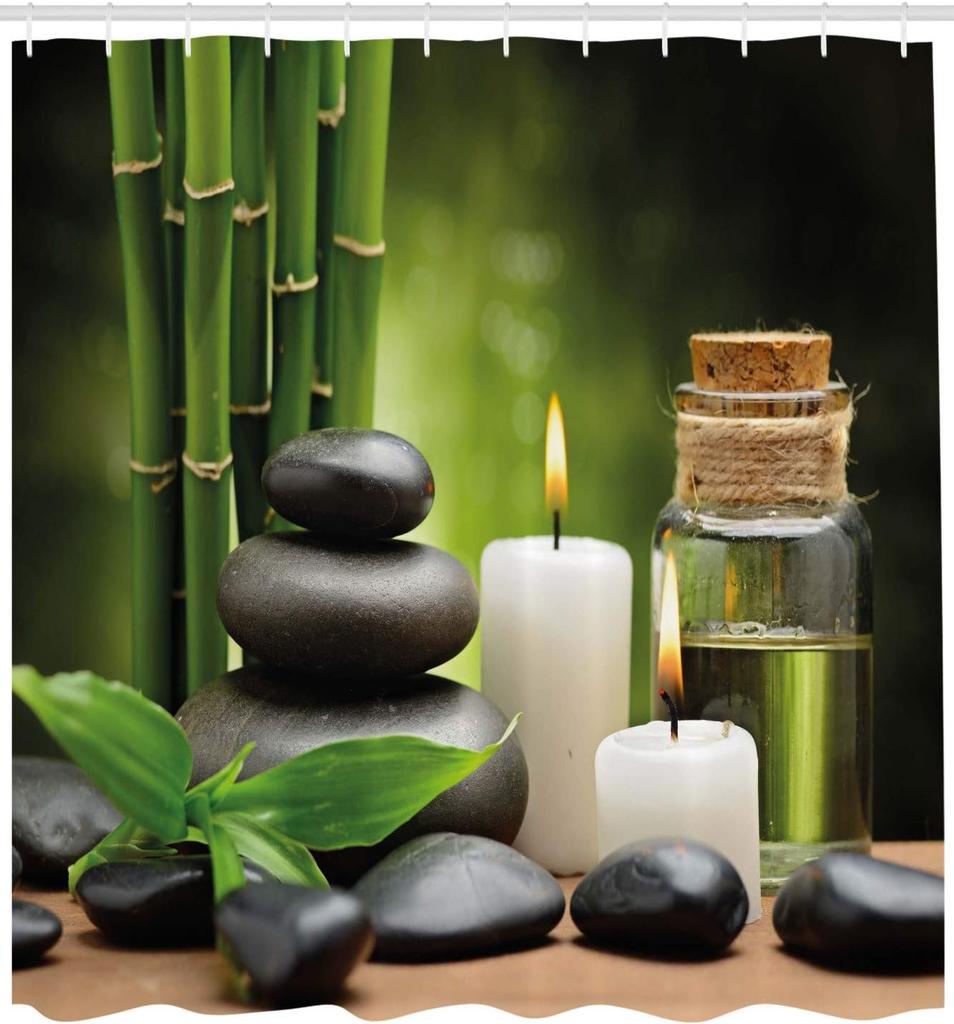Spa Themed Shower Curtain, Exotic Rocks Candles And Landscape Of Tropical Trees Print On Blurry Back, Cloth Fabric Bat