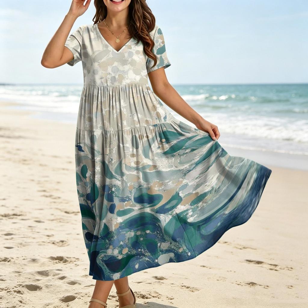 Damen Lässiges Bohème-Stil Lockere Passform Blumenprint Kurzarm V-Ausschnitt Maxikleid für den Alltag