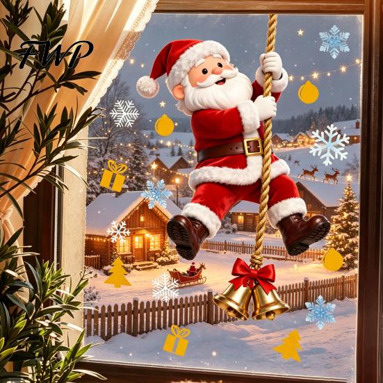 Removable Glass Stickers Christmas Window Cling, Santa Climbing Rope Sticker, Static Cling Pattern PVC Tree Decal for Doors Windows Holiday Home Decor