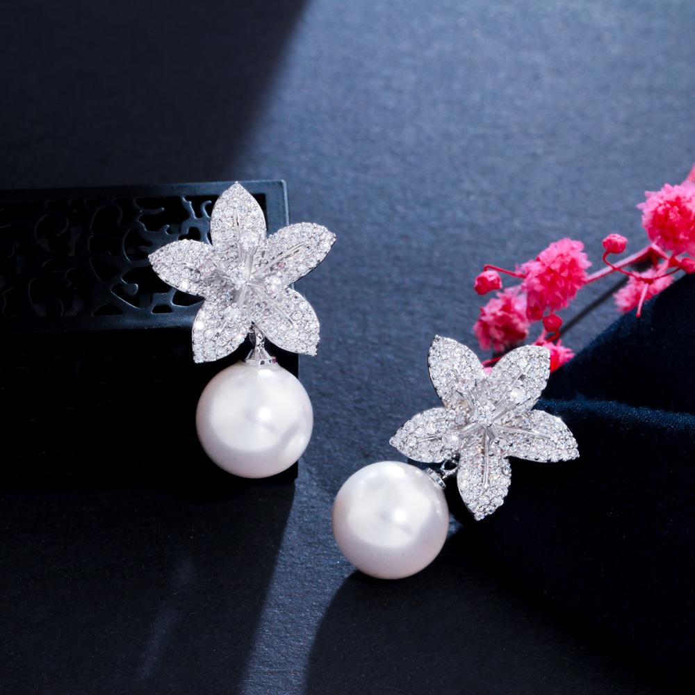 Ircons Noble White Gold Color Dangle Drop Pearl Cubic Zirconia Lovely Geometric Flower Earrings for Women Chic Jewelry CZ973