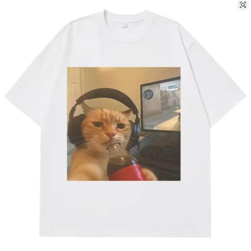 

Funny Gamer Cat Meme Tshirts Unisex Women Fashion Oversized Tshirts Summer Shortsleeved Male Cotton Casual Harajuku Tshirts Tops S