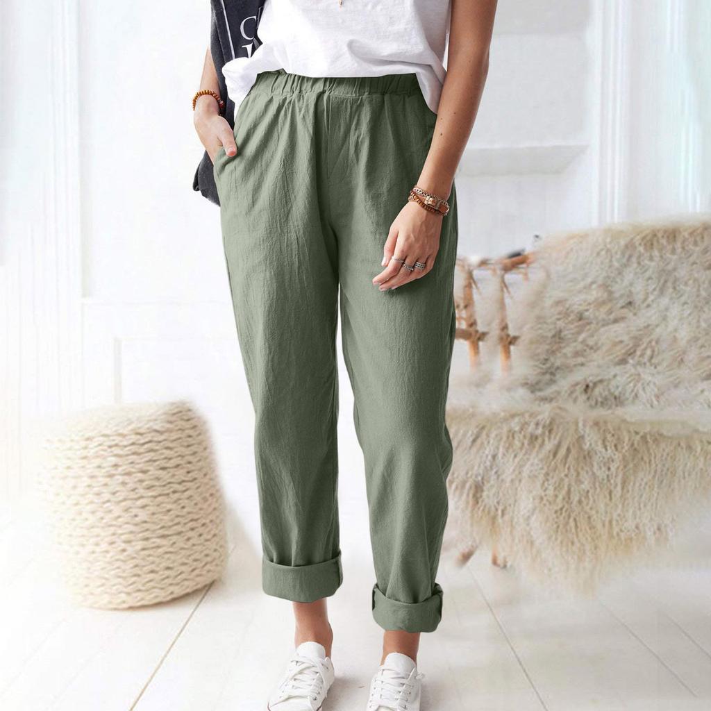 Damen Leinen Weite Hosen Elastischer Bund Lässige Lockere Hosen mit Taschen Leichte Alltags Hosen