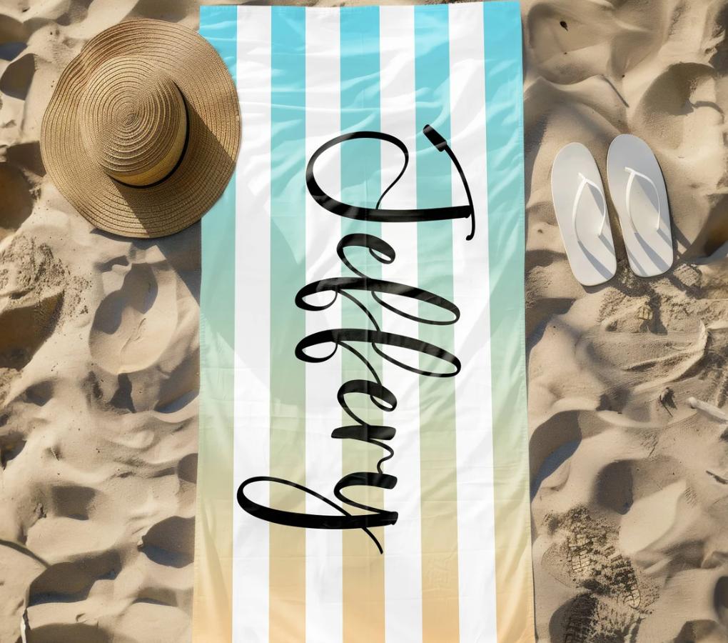 Stripe Name Beach Towel, Personalized Monogram Pool Towel, Signature Beach Towel For Kids, Vacation Gift, Picnic Towel