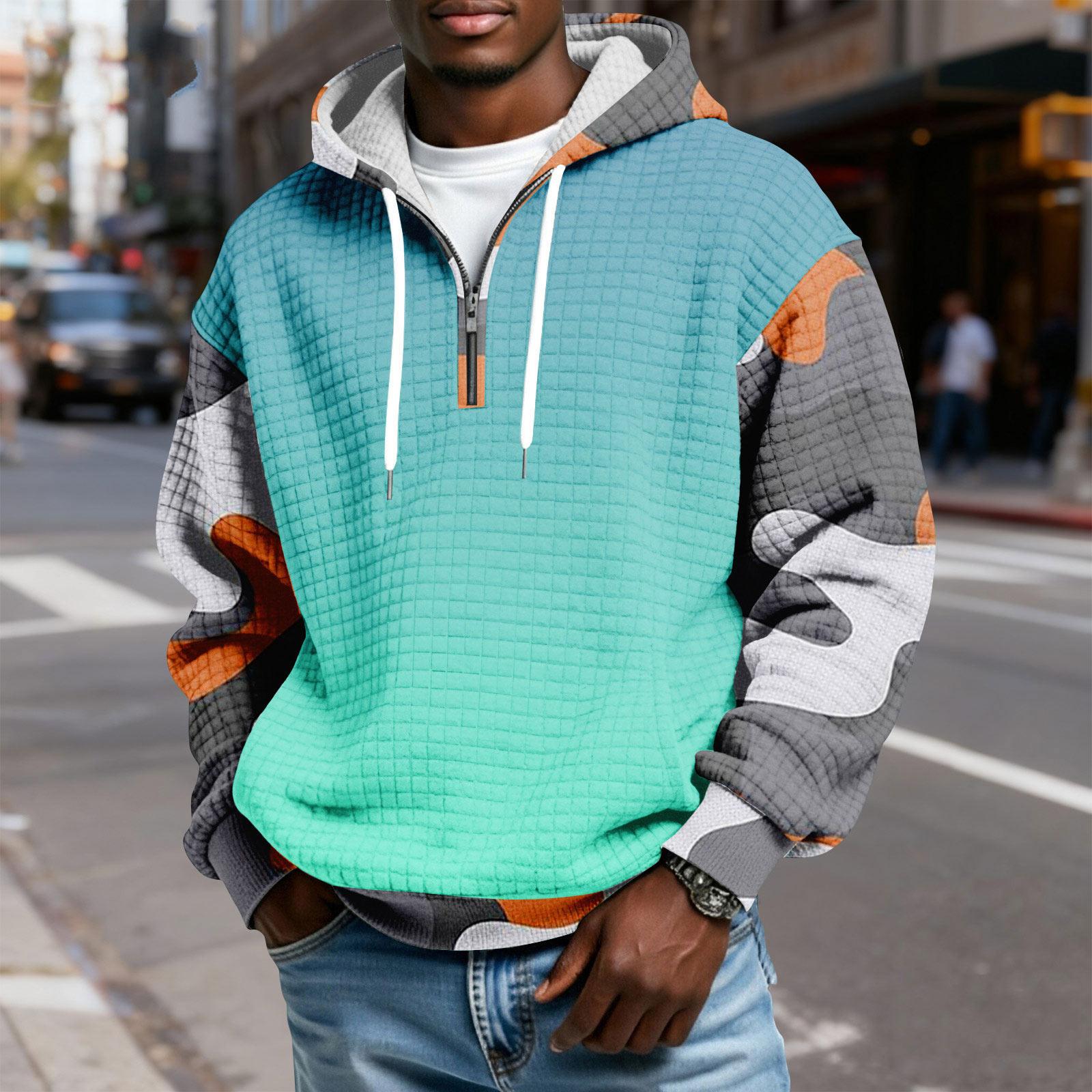 

Чоловічий картатий пуловер з капюшоном на блискавці, з принтом на шнурку, повсякденна спортивна толстовка L ціан