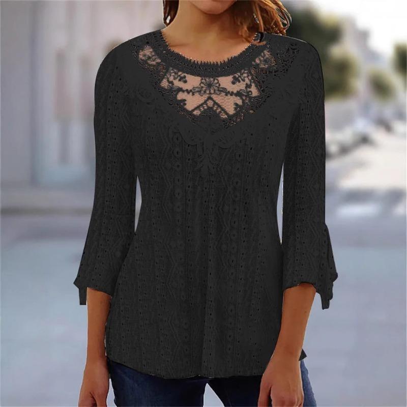 Women Casual Loose Hollow Lace Spliced Three Quarter Sleeve Top