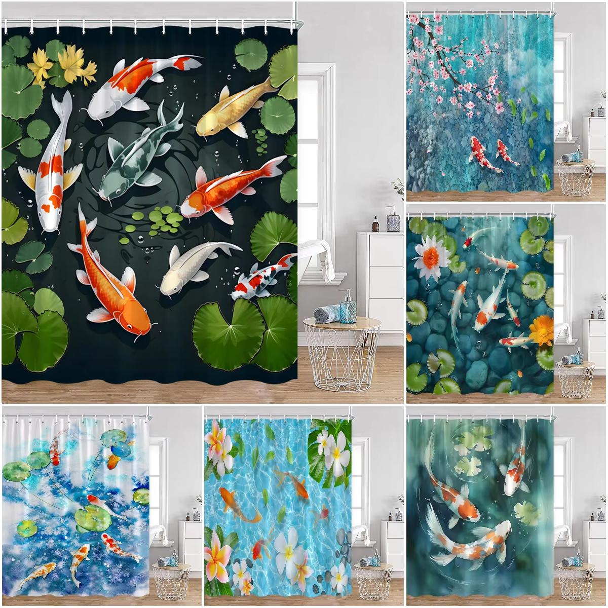 Monika Chen Pink Flowers Koi Carp Shower Curtains Cherry Blossom Pond Watercolor Floral Bathroom Decoration Polyester Fabric Bathtub Curtain