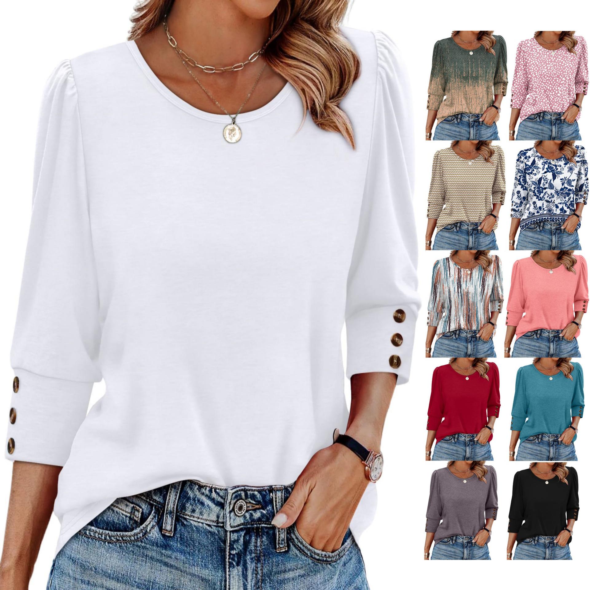 

Women s Short Sleeve Round Neck Blouse with Button Cuffs, Multi-Color & Print Options XXL