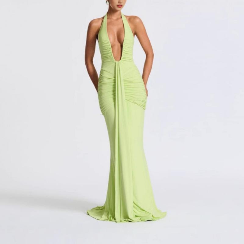 New solid color elegant neck deep waist long dress sexy backless streamer fishtail dress