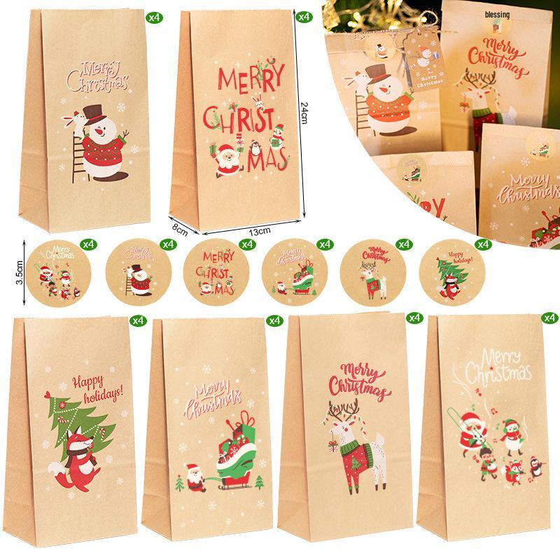 Christmas Gift Bags with Stickers - 24 Sets Advent Calendar Candy Paper Bags