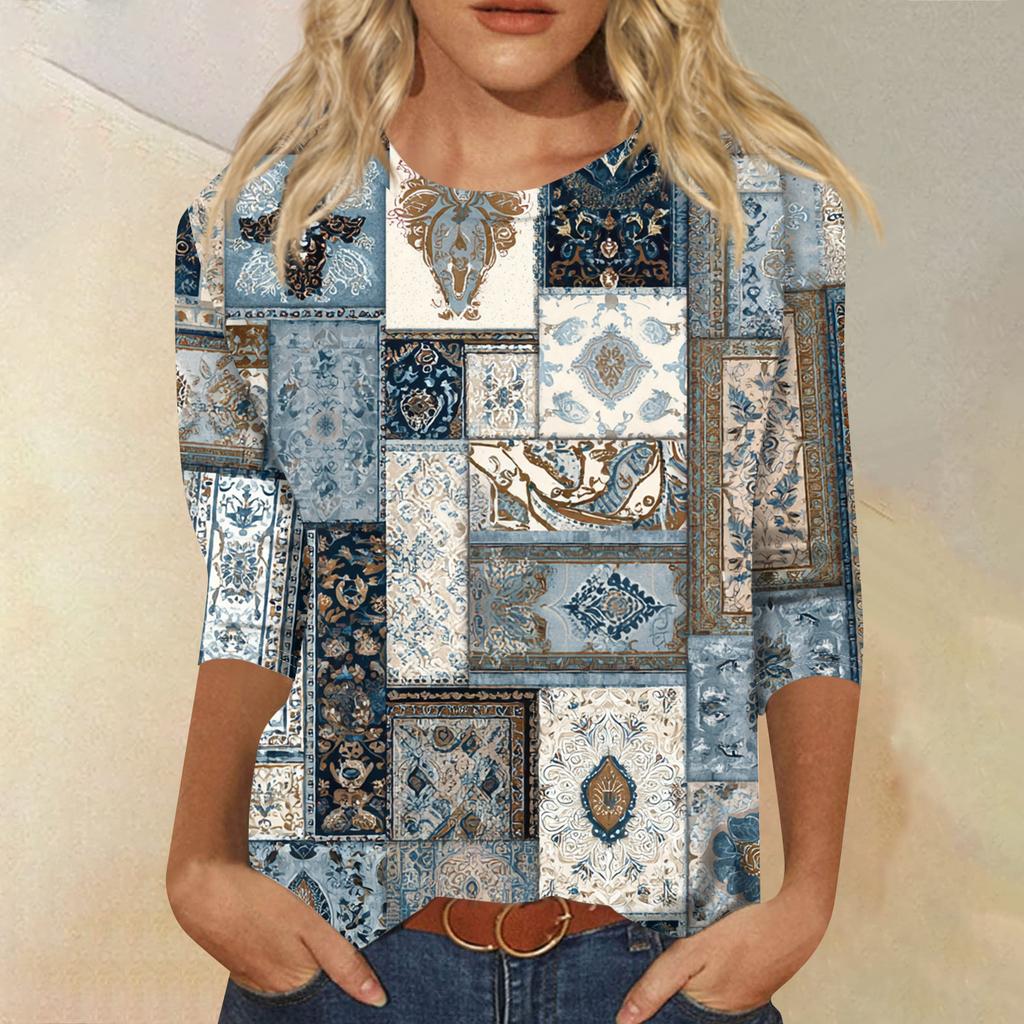Women's Fashion Casual Round Neck Three-quarter Sleeve Retro Floral Print T-shirt Top